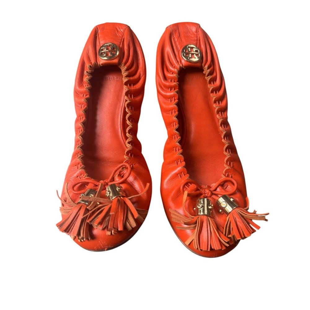 Tory Burch Flats Women's Size 7.5M Reese Tassel‎ Scrunch Ballet Orange Leather